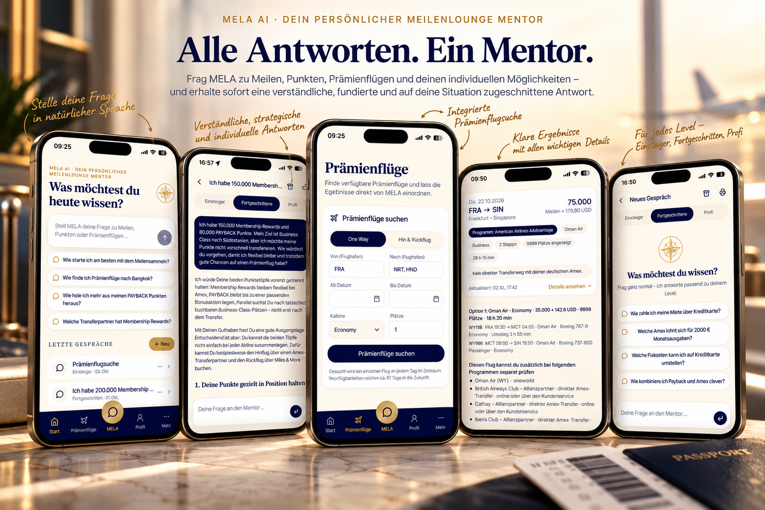 MELA AI auf mehreren Smartphones: Antworten, Prämienflugsuche und Gesprächsverlauf
